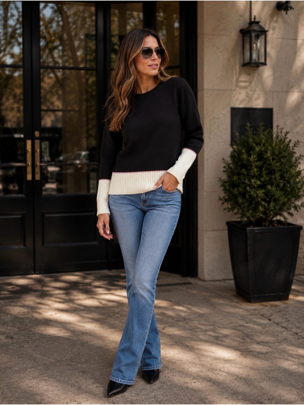 Ann Taylor Cashmere Cotton BlendBlack Crewneck Sweater with Cream Trim and Cuffs